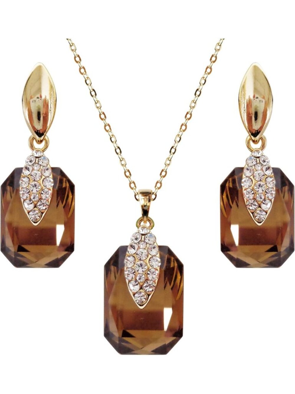18k Gold Plated Multicolor Crystal Square Dangle Earrings & Pendant Necklace Set